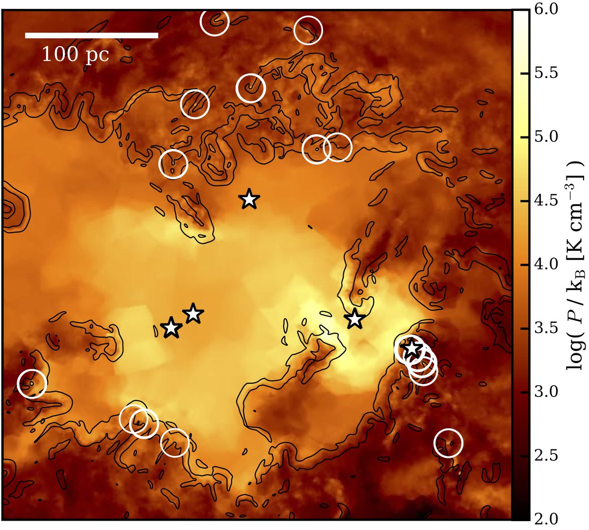 Zoom into a region of simulated gas pressure with supernova remnants marked